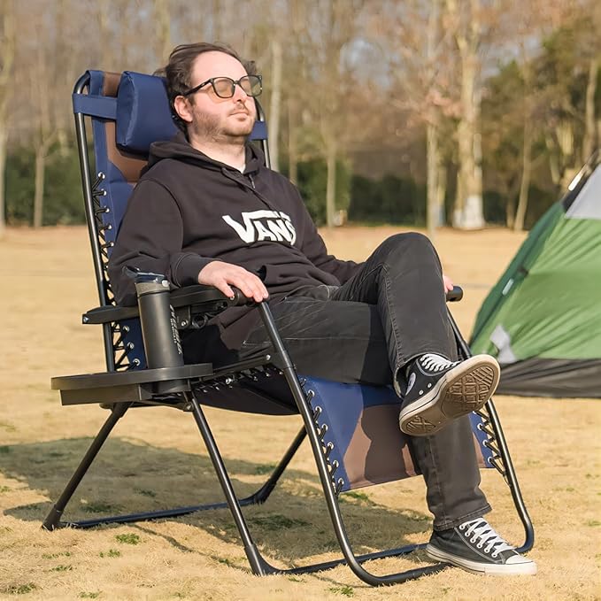 Zero Gravity Chair Set of 4 Oversized Padded Recliner with Adjustable Headrest & Cup Holder - 600D Oxford Folding Lounge Chair for Outdoor Camping, Patio, Poolside (Brown & Blue)