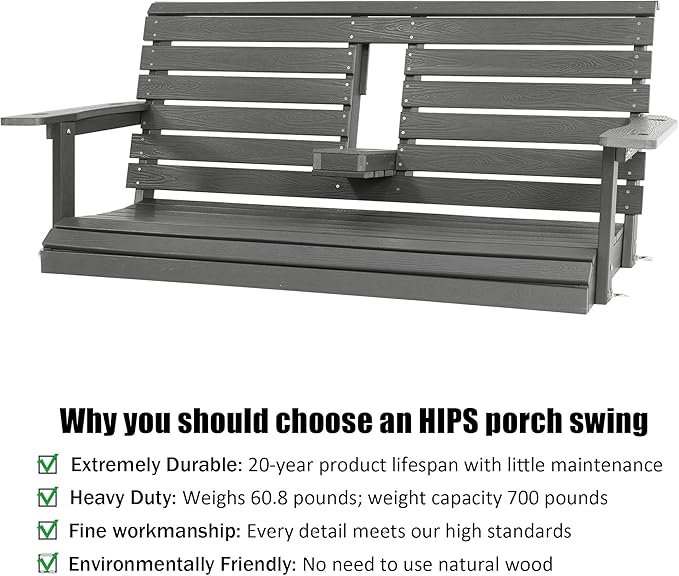 Poly Lumber 2-Seat Porch Swing, HIPS 4.5-Feet Bench Swing with Foldable Cup Holders,18/8 Stainless Steel Hardware, High Backrest and Deep Contoured Seat (Deep Gray, 4.5-feet)