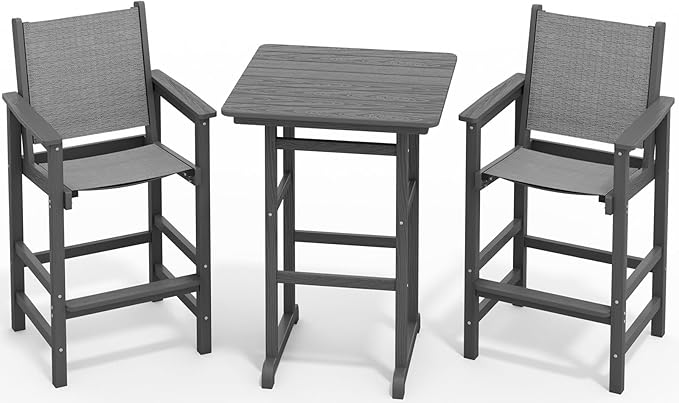SERWALL 3 Pieces Textilene Adirondack Bar Set, Tall Adirondack Bar Height Chairs with Bar Table, Sling Balcony Adirondack Chairs, Weather Resistance Resin Outdoor Bar Height Stools, Gray