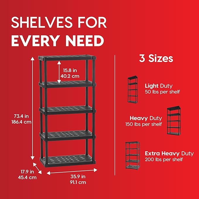 IRIS USA 5-Shelf Heavy Duty Plastic Storage Shelves, 750lb Capacity, 73" H x 36" W x 18" D, Large Modular Shelving Unit Storage Organizer for Garage, Home, Warehouse & Gym, Storage Rack - Black
