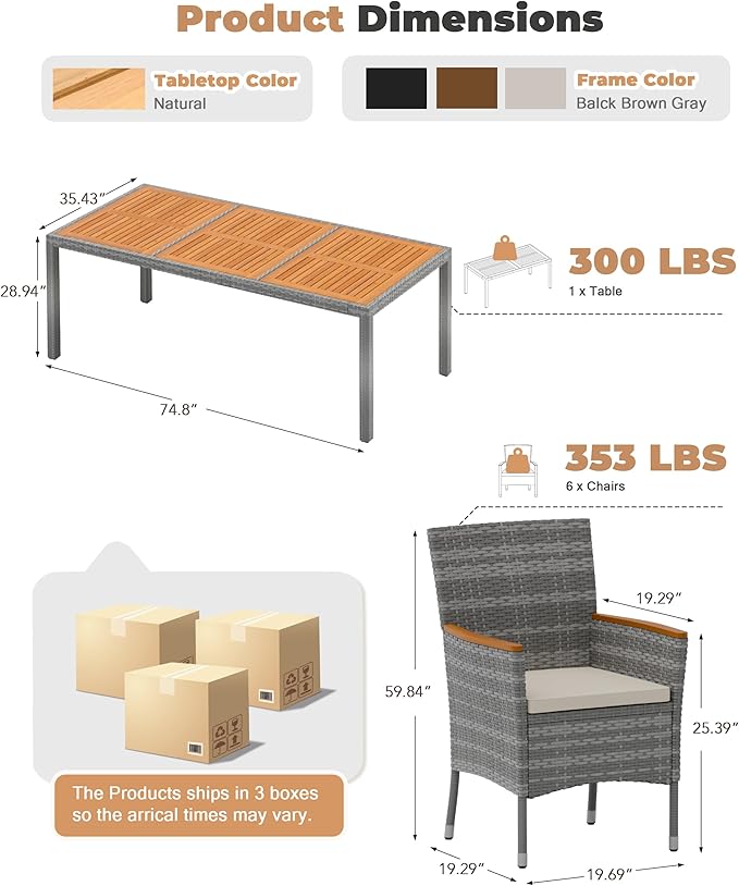 Flamaker 9 Piece Patio Dining Set Outdoor Acacia Wood Table and Chairs with Soft Cushions Wicker Patio Furniture for Deck, Backyard, Garden (Grey)