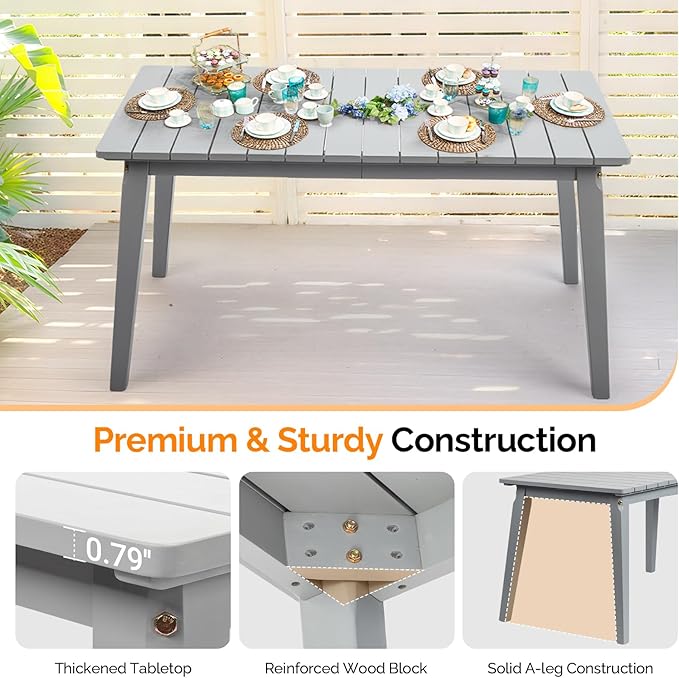 VINGLI Rectangular Outdoor Dining Table, Solid Cedar Wood Patio Table for 4-6 People, Waterproof Garden Table for Yard, Deck, Poolside (Gray)