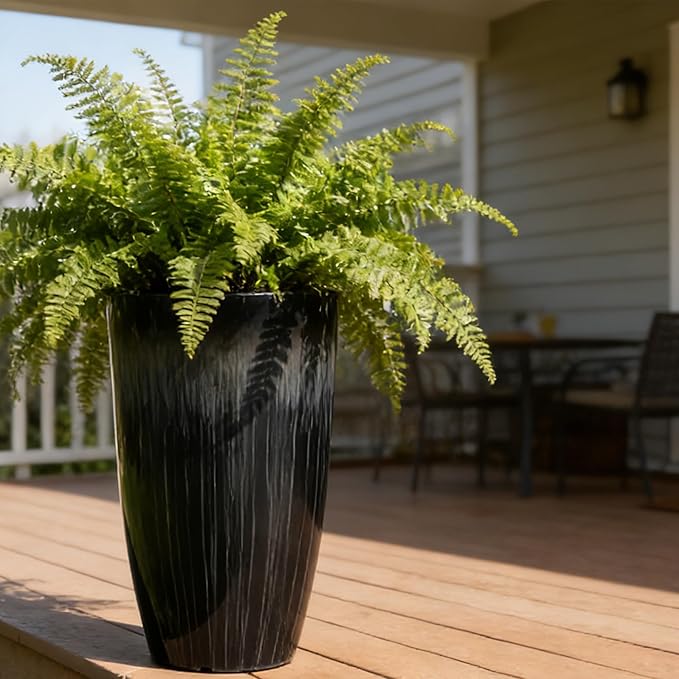Worth Garden 23.5" H. Large Plastic Planters - Set of 2 Gradient Black Glossy Smooth Finish - Tall Plant Pots for Indoor & Outdoor Use - Decorative Lightweight Flower Pots for Front Porch, Patio, Deck