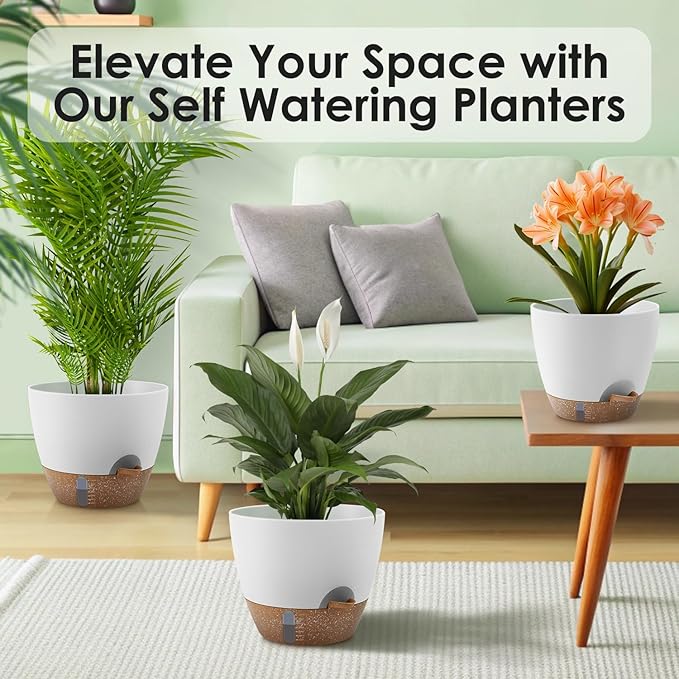 Self-Watering Plant Pots with Water Level Indicator, Drainage Holes & Saucers – 12/10/9 Inch Large Plastic Planter Set for Indoor & Outdoor Plants (White)