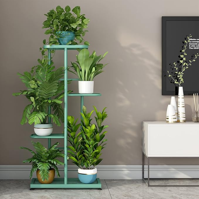 LINZINAR Metal 4 Tier 5 Potted Indoor Outdoor Plant Stand Shelf Planter Display for Patio Garden Corner Balcony Living Room