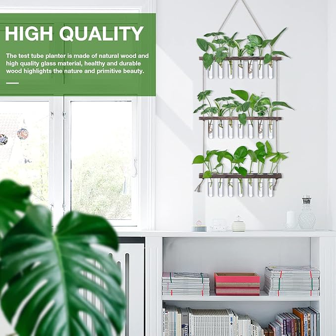 XXXFLOWER Wall Hanging Propagation Station with Wooden Stand 21 Glass Test Tubes 3 Tiers Planters Wall Terrarium for Home Office Plant Hanger Flower Vases Wall Decor Hydroponic Cuttings