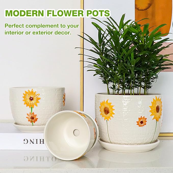 Ceramic Plant Pots Set of 3, 6.75/5.6/4.2 inch Planters with Drainage Holes and Saucer, Flower Pots Outdoor Indoor, Modern Decorative Planters for House Plants Garden Planters Succulent Pots