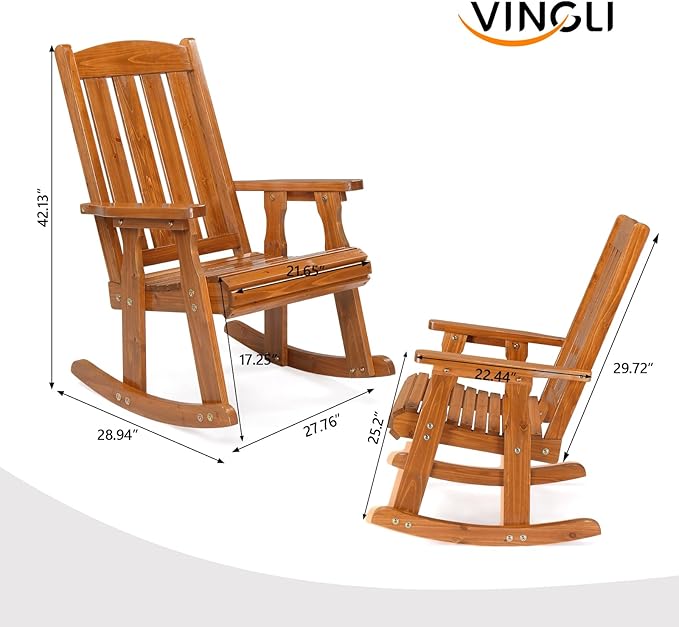VINGLI Heavy Duty 600 LBS Outdoor Wooden Rocking Chair with Higher Backrest,Patio Rocking Chair with Ergonomic Design, Weatherproof Outdoor Rockers Suit for Patio, Garden, Balcony, Yard