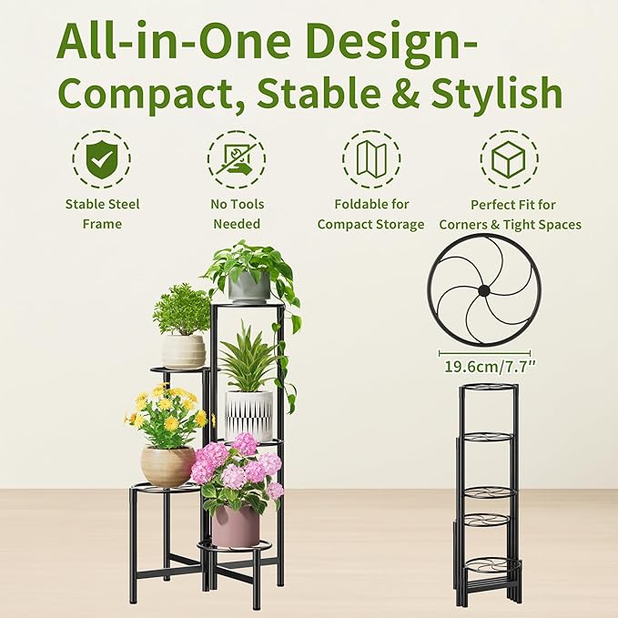 Corner Plant Stand Indoor Outdoor Tall Metal Flower Pot Stands for Multiple Plants 5 Tier Heavy Duty Plant Shelf for Patio Garden Balcony Living Room Bedroom Black Kite