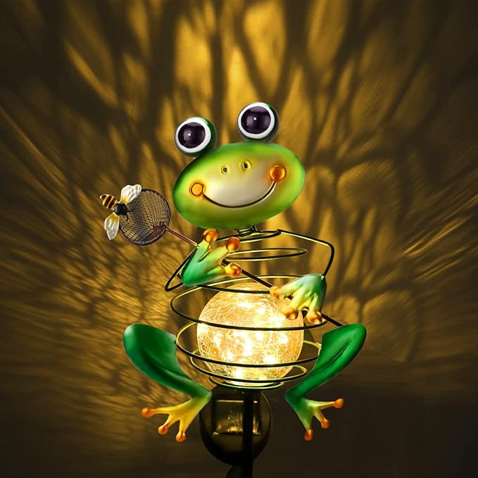 Frog Solar Garden Light - Metal Stake Light with Crackle Glass Waterproof Globe, Solar Power LED for Garden, Lawn, Patio, Pathway Decor