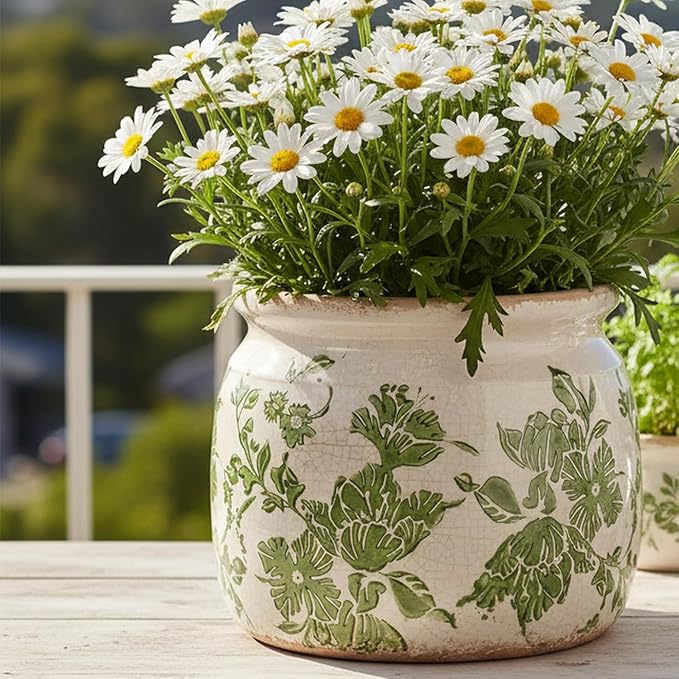 Tuscan Ceramic Indoor Plant Pot & Vase for Home Decor, 6.29'' Rustic Farmhouse Planter w/Drainage for Snake Plant, Pothos and Houseplants, Vintage Office & Tabletop Decoration, Gift for Mom (Green)
