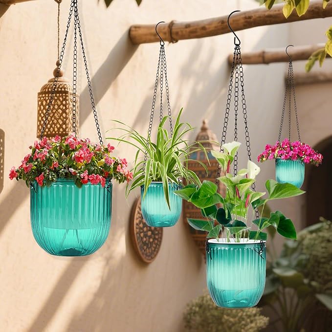 4 Pack Self Watering Hanging Planters with Drainage Holes –Hanging planters for Indoor Plants, Flowers, Succulents – Lightweight, Durable Hanging Baskets Green