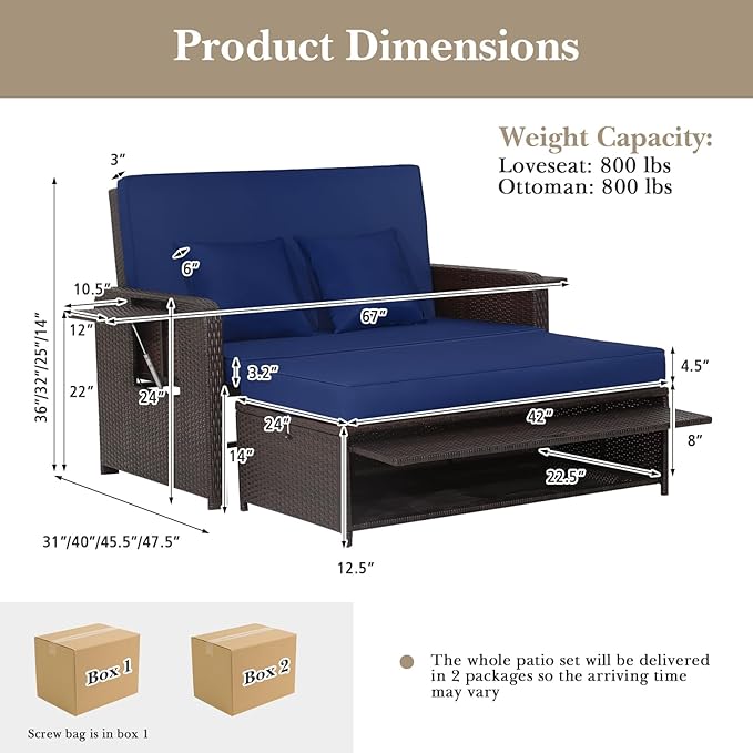 LDAILY Moccha Outdoor Daybed, Wicker Loveseat Sofa Set with 4-Postion Adjustable Backrest, Storage Ottoman, Cushions, Rattan Double Bed Lounger, Patio Furniture Set (Navy)