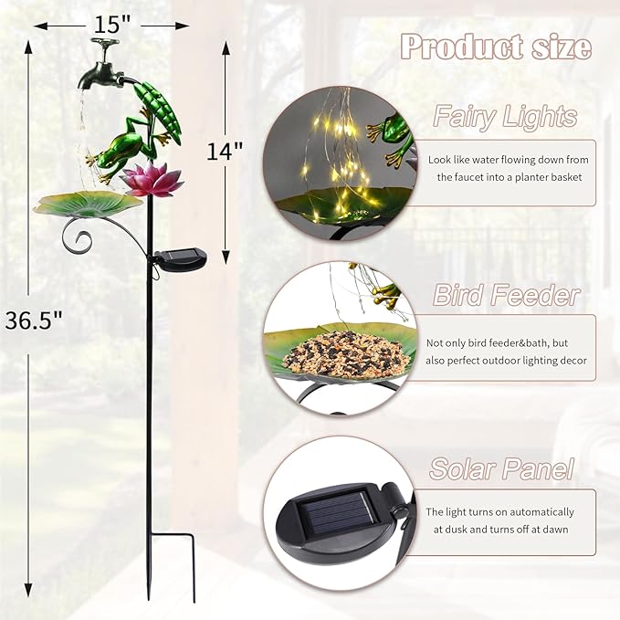 Solar Outdoor Lights Decorative Solar Frog Lights with Lotus Bird Feeder Faucet Shaped Lighted Garden Stake Decorations for Pathway Lawn Patio Courtyard Backyard