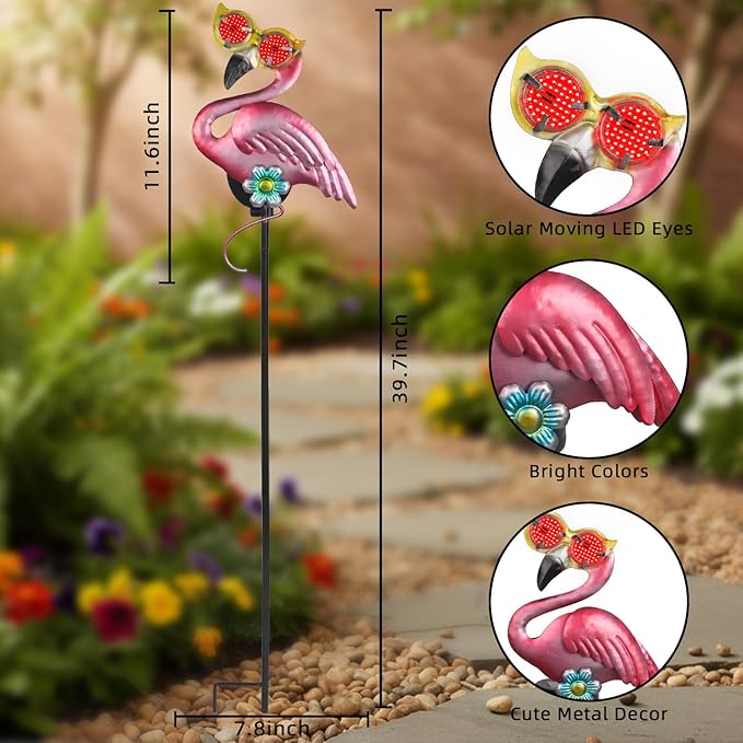 Solar Flamingo Yard Stakes 39.7" with Red Moving Eyeballs, Flamingo Solar Lights Outdoor for Pathway Patio Lawn Ornaments Garden Stakes
