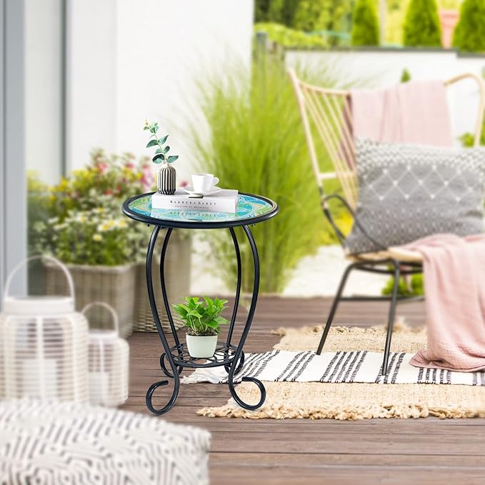 LIFFY Mosaic Outdoor Side Table, 14" Round Flower Patio Side Table, Mosaic Plant Stand, End Table W/Storage Shelf, Small Bistro Coffee Table for Garden Yard Porch Living Room