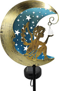 Solar Angel Moon Garden Stake Light – Outdoor Metal Yard Decoration with Crystal Pendant, Waterproof LED Light for Patio, Pathway, Lawn – Rustic Gold & Blue