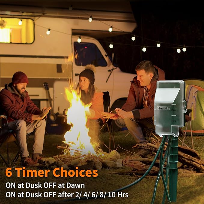SURAIELEC Outdoor Power Stake, Dusk to Dawn Light Timer, 6 Electrical Outlet Power Strip Waterproof, 6FT Extension Cord for Patio Lights, Sprinkler, Garden, Christmas Decorations, Outdoor Light