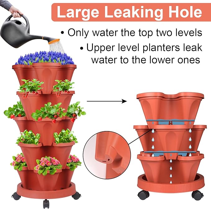 DUNCHATY 5 Tier Plant Pot, Vertical Garden Planter, Strawberry Planter, Indoor/Outdoor Planters, 2 Set, Brick Red, 29 x 13.6 x 13.6 inches