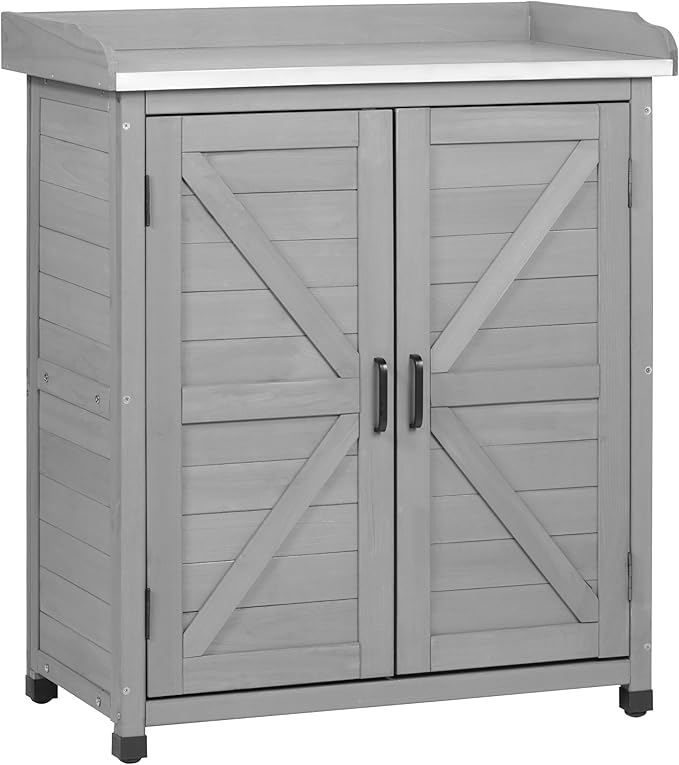 Outdoor Potting Bench with Storage Cabinet and Metal Top, Wood Workstation for Outdoor Patio, Garden (Classic Grey, 31.5x17x39‘’)
