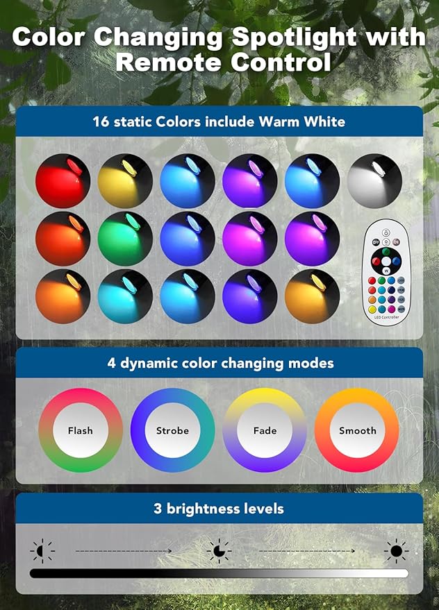 PYDS Christmas Spotlights Outdoor, 12W RGBW Halloween Spot Lights with Remote, 120V Plug-in Color Changing LED Landscape Lighting with IP65 Waterproof for Yard Garden Tree Decor, 2 Pack