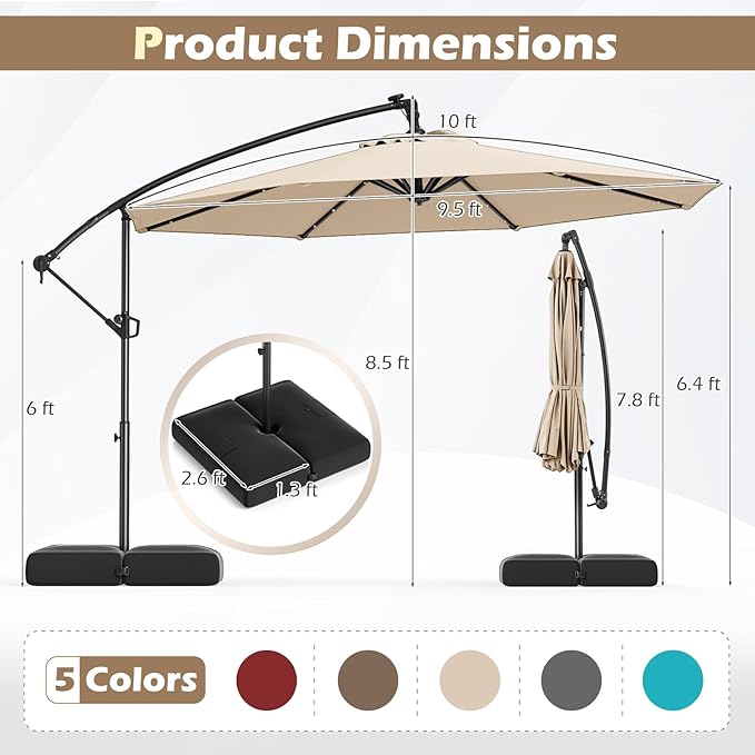 Tangkula 10ft Solar LED Patio Umbrella with Base, Offset Cantilever Outdoor Umbrella with 32 LED Lights, Infinite Tilt, 360 Degree Rotation, Crank Handle for Pool Deck Garden Backyard (Beige)