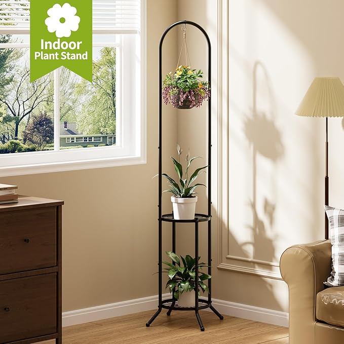 BMOSU Plant Stand with Hooks Indoor Outdoor Corner Tall Plant Stand Heavy-Duty Metal 3-Tier Plant Shelf Holder Rack for Patio Garden Balcony Living Room Bedroom(circular Black)