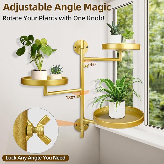 Rotating Window Plant Shelves with Adjustable Knobs, 3 Tiers Metal Wall Shelf for Plants Indoor, Sturdy Hanging Plant Holder, Window Wall Decor & Gardening Gifts (Golden)