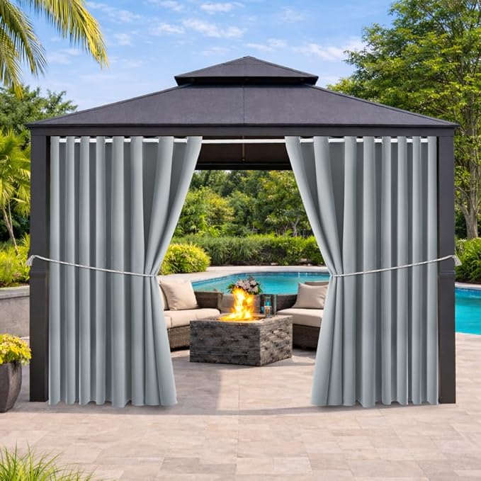 Waterproof Outdoor Curtain W105 x L84 - Grommet Top Sunlight Blocking Window Treatment Drapes Blackout Curtains for Home Bedroom Living Room Outdoor Patio Porch Gazebo (Light Gray, 2 Panels)