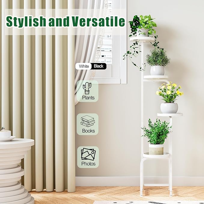 Plant Stand Indoor Outdoor 4 Tier Metal Plant Shelf for Multiple Plants Corner Flower Holders for Living Room Balcony Bedroom Patio Garden, Black (White, 4-Tier)