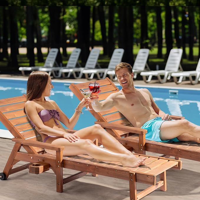 VINGLI Outdoor Chaise Lounge Chair, Wooden Patio Lounger Chair with Adjustable Backrest, Pool Chaise Lounge with Cup Holder & Wheels for Sunbathing Poolside Beach, Brown