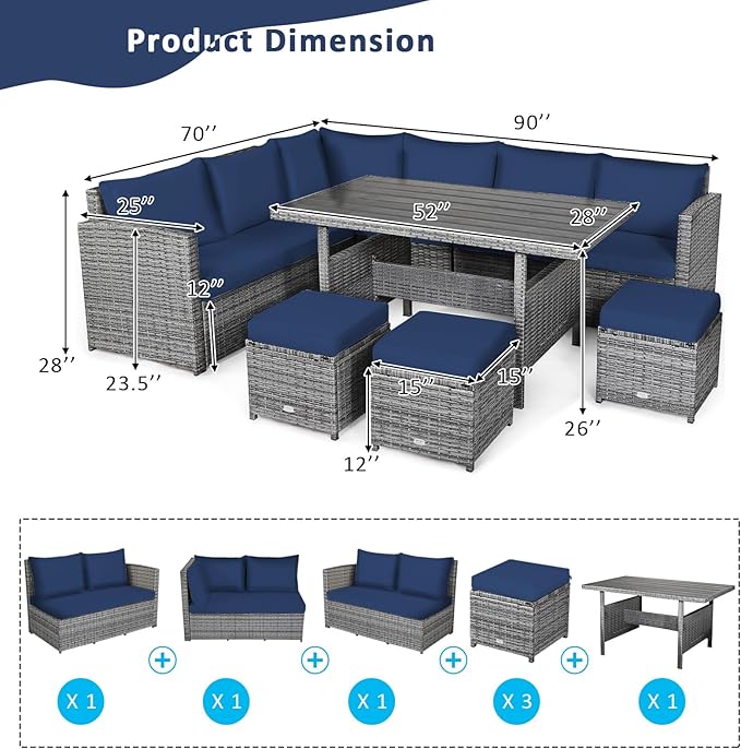 Tangkula 7 Pieces Patio Furniture Set, Outdoor Sectional Rattan Dining Sofa Set with Cushions, All Weather Wicker Conversation Couch Set with Dining Table & Ottomans for Yard Garden Poolside, Navy