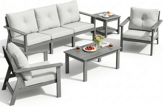 7-Piece HDPE Patio Furniture Set, Outdoor Sectional Sofa Set,All Weather Outdoor Couch with Dust-Free Cushions, Durable Patio Conversation Sets for Balcony, Porch, Gray
