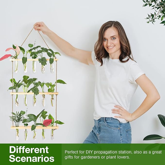 XXXFLOWER Wall Hanging Propagation Station with Wooden Stand 5 Glass Test Tubes 3 Tiers Planters Wall Terrarium for Home Office Plant Hanger Flower Vases Wall Decor Hydroponic Cuttings