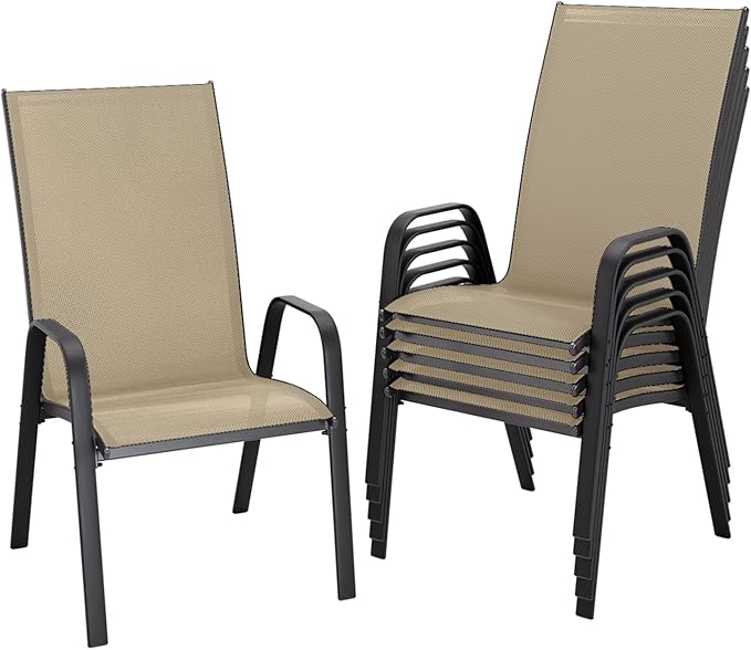 JEAREY Patio Dining Chairs Set of 6, Outdoor Stackable Dining Furniture Set, All Weather Dining Set for Lawn, Garden, Backyard, Poolside, Beige