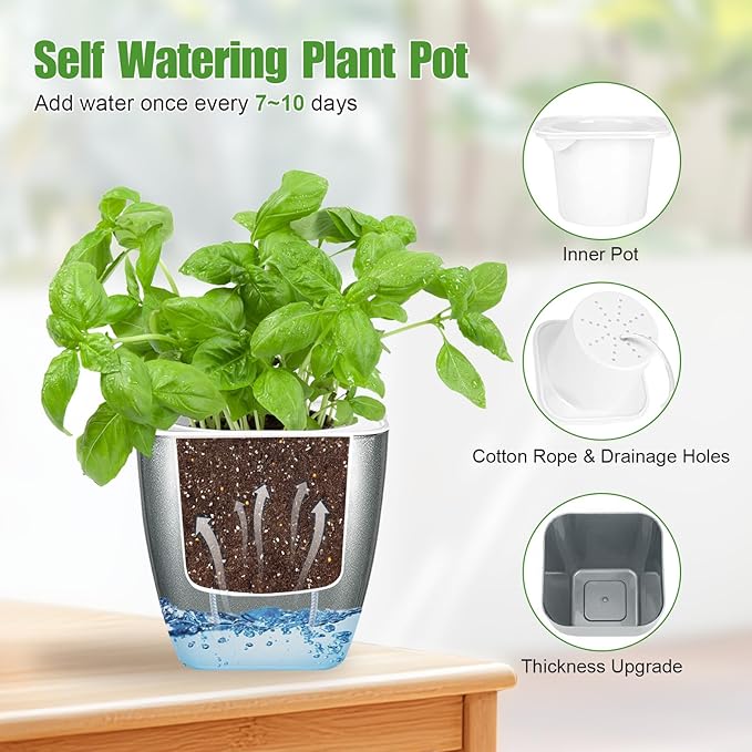 4 Pack Self Watering Pots 4-inch Decorative Flower Planters for Indoor Plants Modern Square planters for Small Plants Window Sill Planters for Succulents, African Violets, Herbs(Sliver Black)
