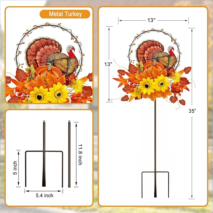 Solar Thanksgiving Turkey Outdoor Decor with Multi-Colorful Lights,Fall Yard Sign Garden Stake for Pathway,Patio or Farmhouse Porch