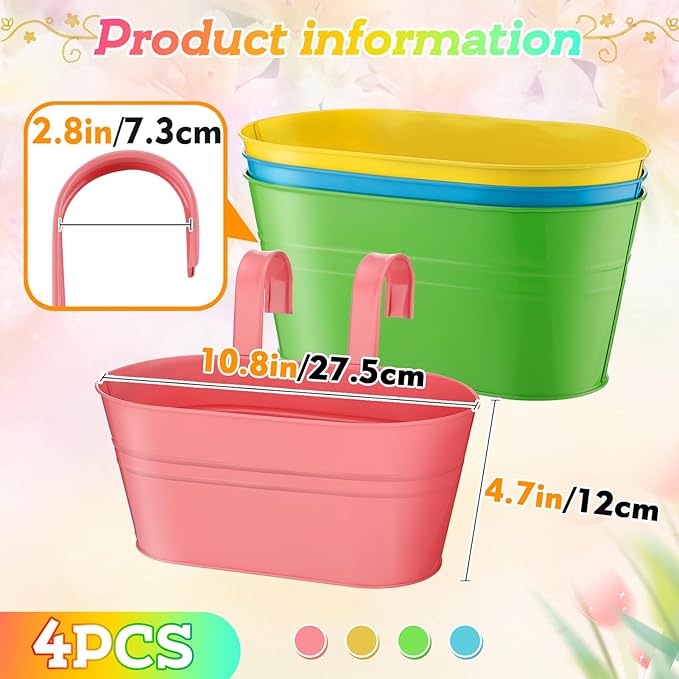 MADHOLLY Railing Planter with Drainage Holes - Sturdy Bucket Pots for Railing Fence, Countryside Style Metal Flower Pots for Herbs Balcony Garden Yard Decor, 4Pcs, Colorful
