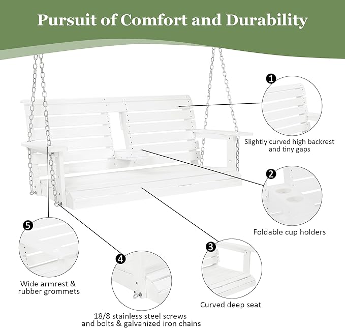 Poly Lumber 2-Seat Porch Swing, HIPS 4.5-Feet Bench Swing with Foldable Cup Holders,18/8 Stainless Steel Hardware, High Backrest and Deep Contoured Seat (Snow White, 4.5-feet)