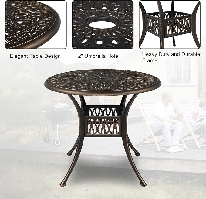 VINGLI 5-Piece Outdoor Patio Dining Set, Cast Aluminum All-Weather Outdoor Table and Chairs w/Cushion, Outdoor Furniture Set w/Umbrella Hole for Backyard Deck Poolside (Round, Elizabeth Back)