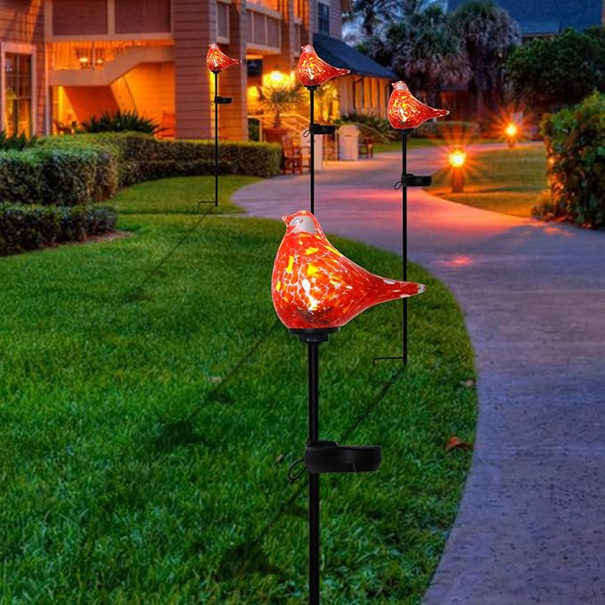 Bshine Solar Garden Decoration Outdoor Cardinal Lights, Hand Blown Glass Waterproof Solar Light Stake Red Cardinal Decorate Paths, Pathways, Lawns and Yards Art for Mom Gift, 2 Pack