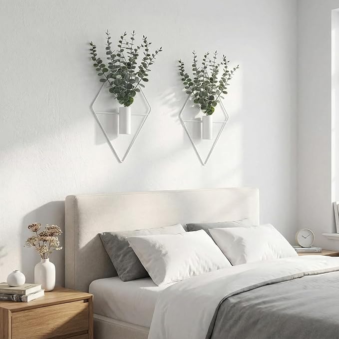Jexine 4 Pcs Hanging Planters with Artificial Eucalyptus Metal Hanging Vase Indoor Plants Holder Modern Geometric Boho Bathroom Wall Decor for Living Room Home Office (Eucalyptus,White)