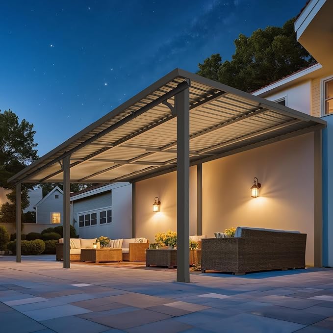 AECOJOY 20' x 12' Outdoor Gazebo Hardtop Pergola for Patio, Large 12x20 Galvanized Steel Heavy Duty Lean to Gazebo Wall-Mounted Pergolas and Gazebos Clearance, Metal Patio Roof Awnings for Backyard