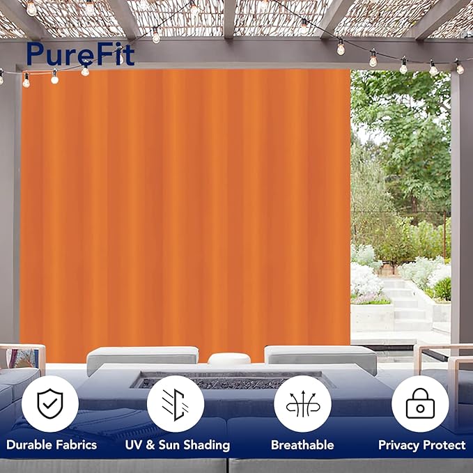 PureFit Outdoor Curtains for Patio Waterproof Weatherproof, UV Resistant Outside Curtains for Gazebo, Front Porch, Pergola, Sun Blocking Privacy Curtain, 100W x 120L inch, 1 Panel, Orange
