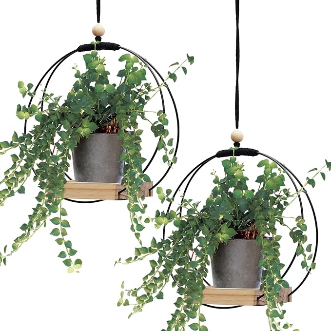 Geelin 2 Pack Plant Hanger with Wood Base Hanging Window Planter Boho Macrame Hanging Plant Holders for Window Indoor Outdoor Room Ceiling Home Decorations(Black)