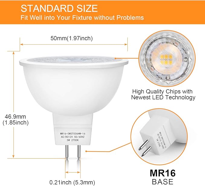 Mlambert 24 Pack MR16 LED Bulbs 50W Halogen Equivalent,2700K Warm White,5W GU5.3 MR16 12V Spotlight Bulb,Non-Dimmable,45° Beam Angle for Landscape