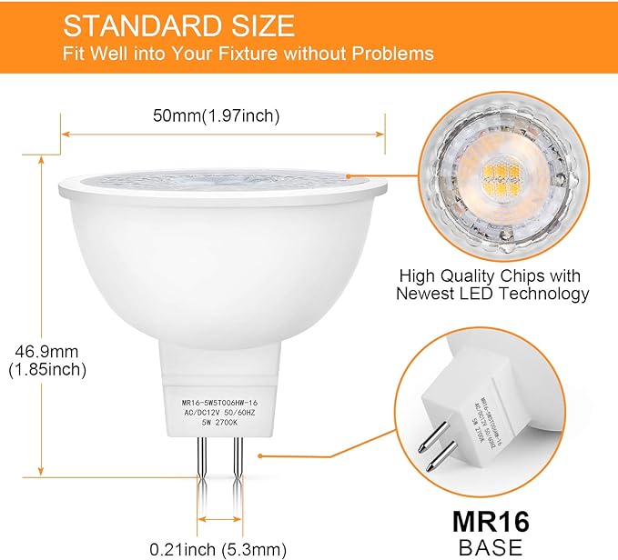 Mlambert 12 Pack MR16 LED Bulbs 50W Halogen Equivalent,2700K Warm White,5W GU5.3 MR16 12V Spotlight Bulb,Non-Dimmable,45° Beam Angle for Landscape