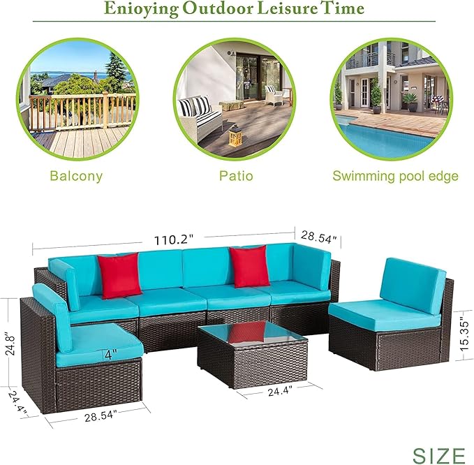 Vongrasig 7 Pieces Outdoor Patio Furniture Sets, Outdoor Sectional Rattan Sofa, PE Manual Weaving Wicker Patio Conversation Set with Cushion, Glass Table, Red Pillow (Blue)