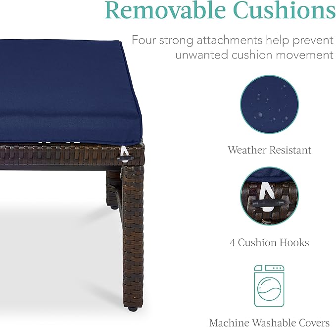 Best Choice Products Set of 2 Wicker Ottomans, Multipurpose Outdoor Furniture for Patio, Backyard, Additional Seating, Footrest, Side Table w/Removable Cushions, Steel Frame - Navy/Brown