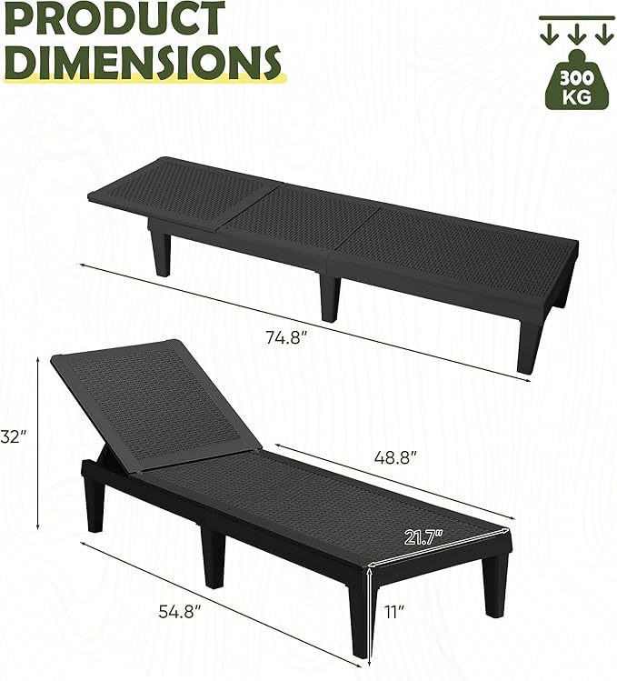 Devoko Outdoor Chaise Lounge Chair Set of 4 for Outside Pool Patio, Adjustable Waterproof Easy Assembly Chaise Lounge Outdoor (Black, Set of 4)
